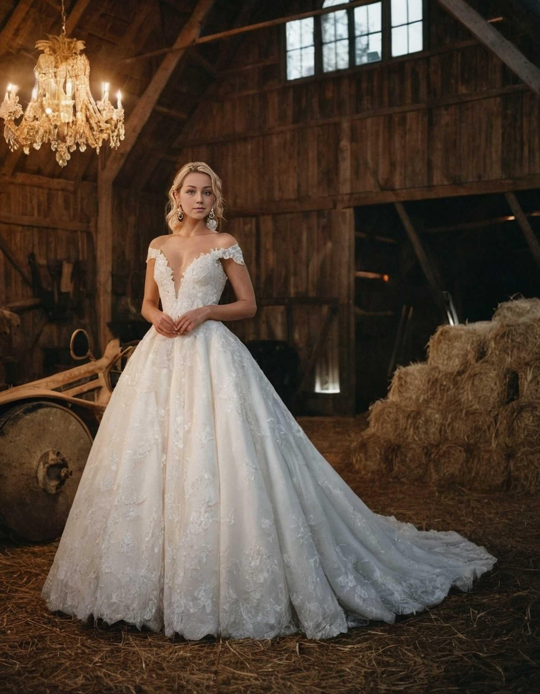 Wedding Bride Blonde Barn. Blonde bride posing in a rustic barn setting.