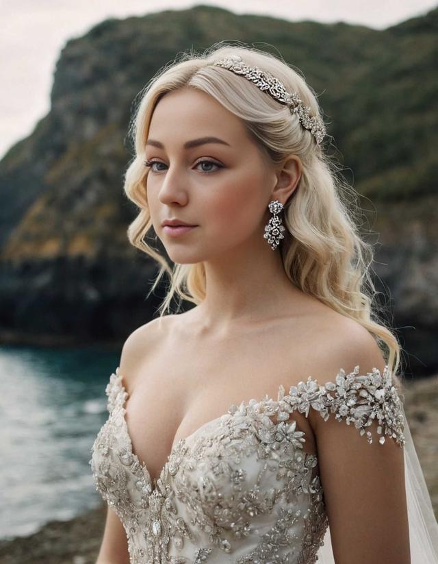 Wedding Bride Blonde Shore. Blonde bride posing on the shore.