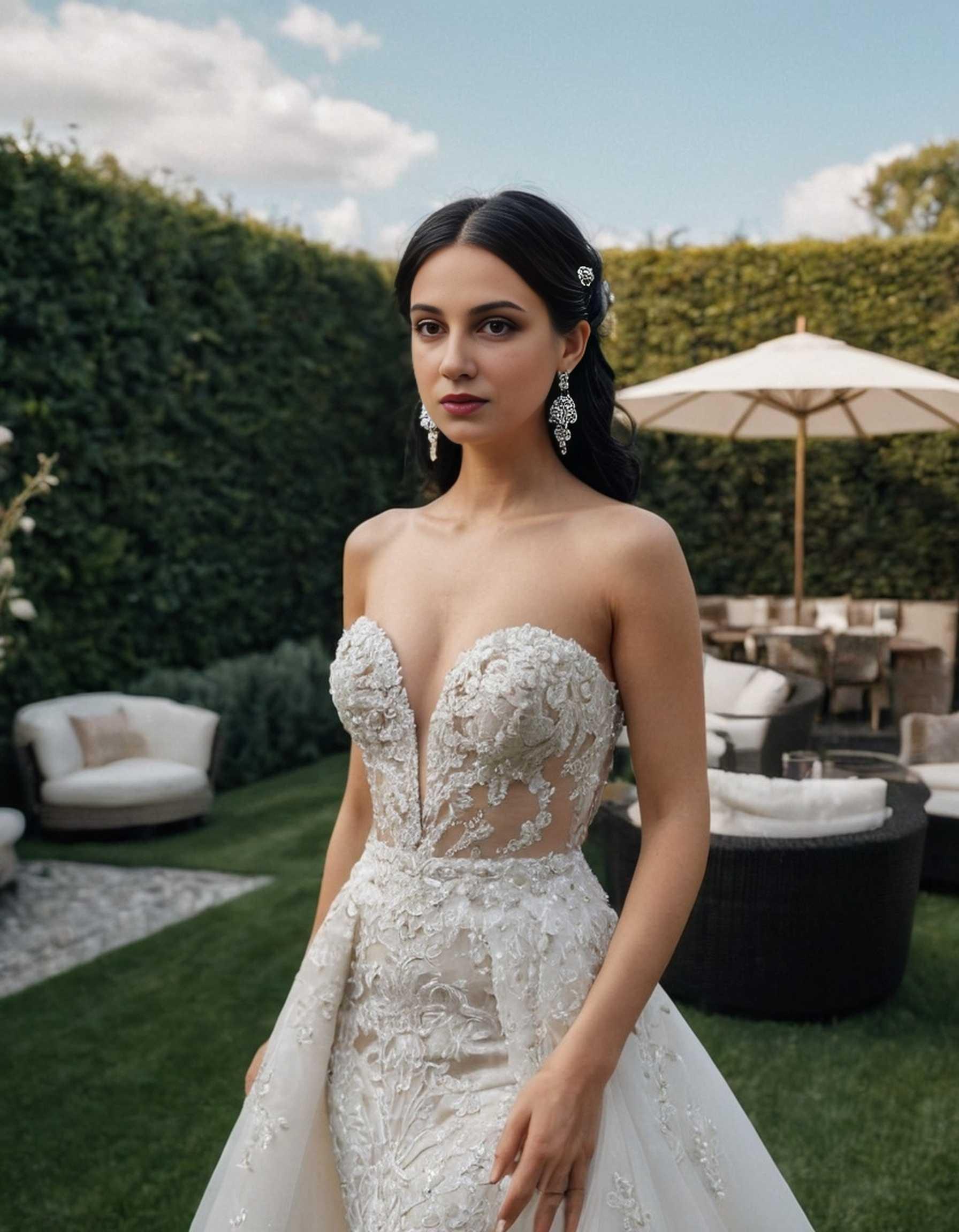 Wedding Bride Modern Backyard. Modern bride posing in a backyard garden.