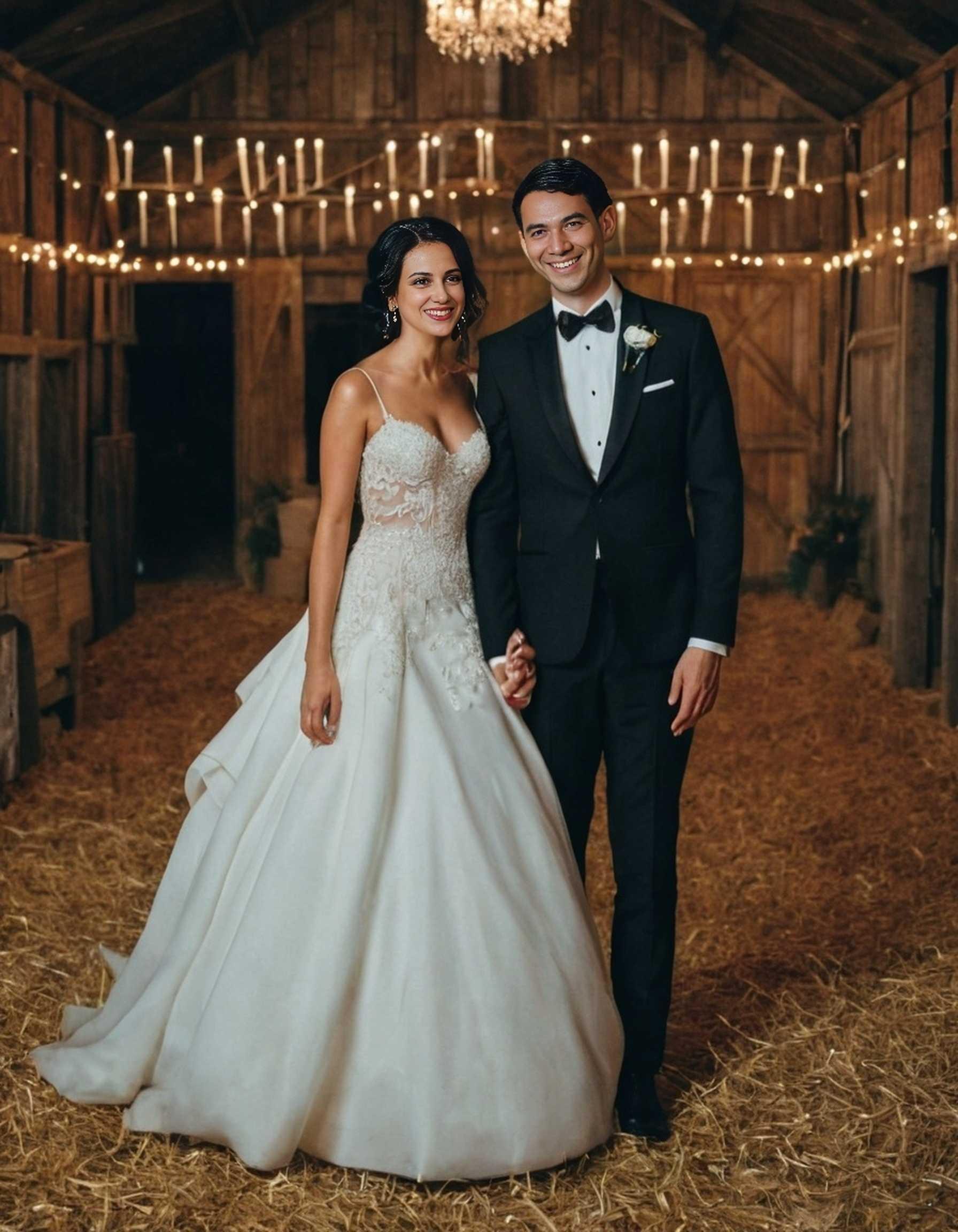 Wedding Couple Barn Photoshoot. Wedding couple posing in a romantic barn setting.