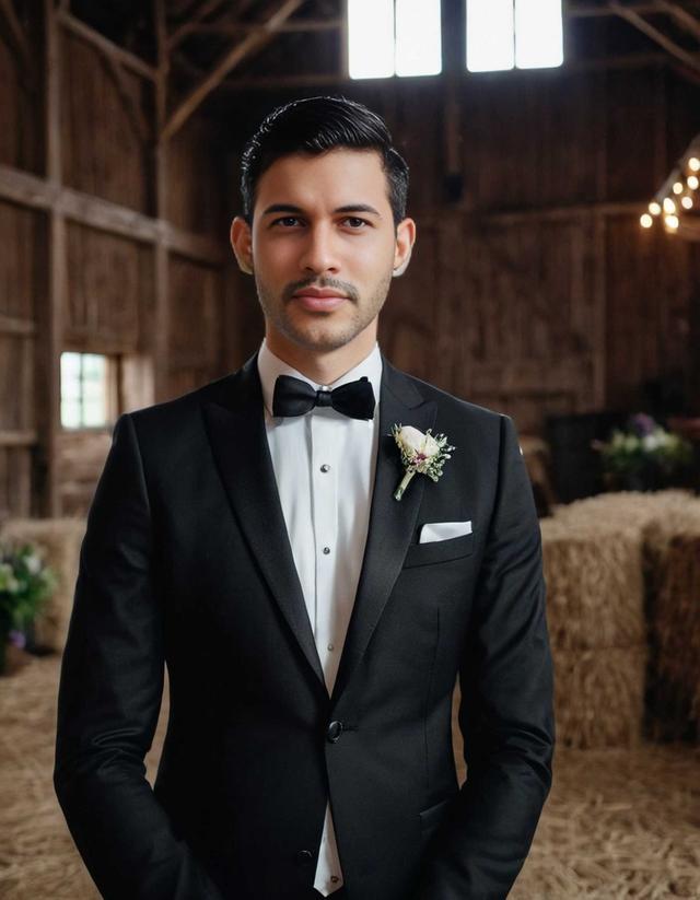 Wedding Groom Barn. Groom posing in a rustic barn setting, reflecting his style and elegance.